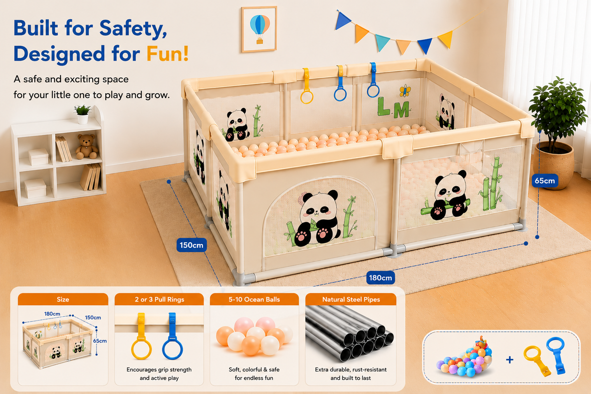 Baby Playpen 150x180cm Pit Balls Playpen for Baby up to 5 Years with Anti-Fall Rings, Safety Lock, Breathable Mesh, Kids Activity Center Play Pen