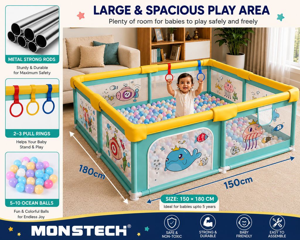 Baby Playpen 150x180cm Pit Balls Playpen for Baby up to 5 Years with Anti-Fall Rings, Safety Lock, Breathable Mesh, Kids Activity Center Play Pen