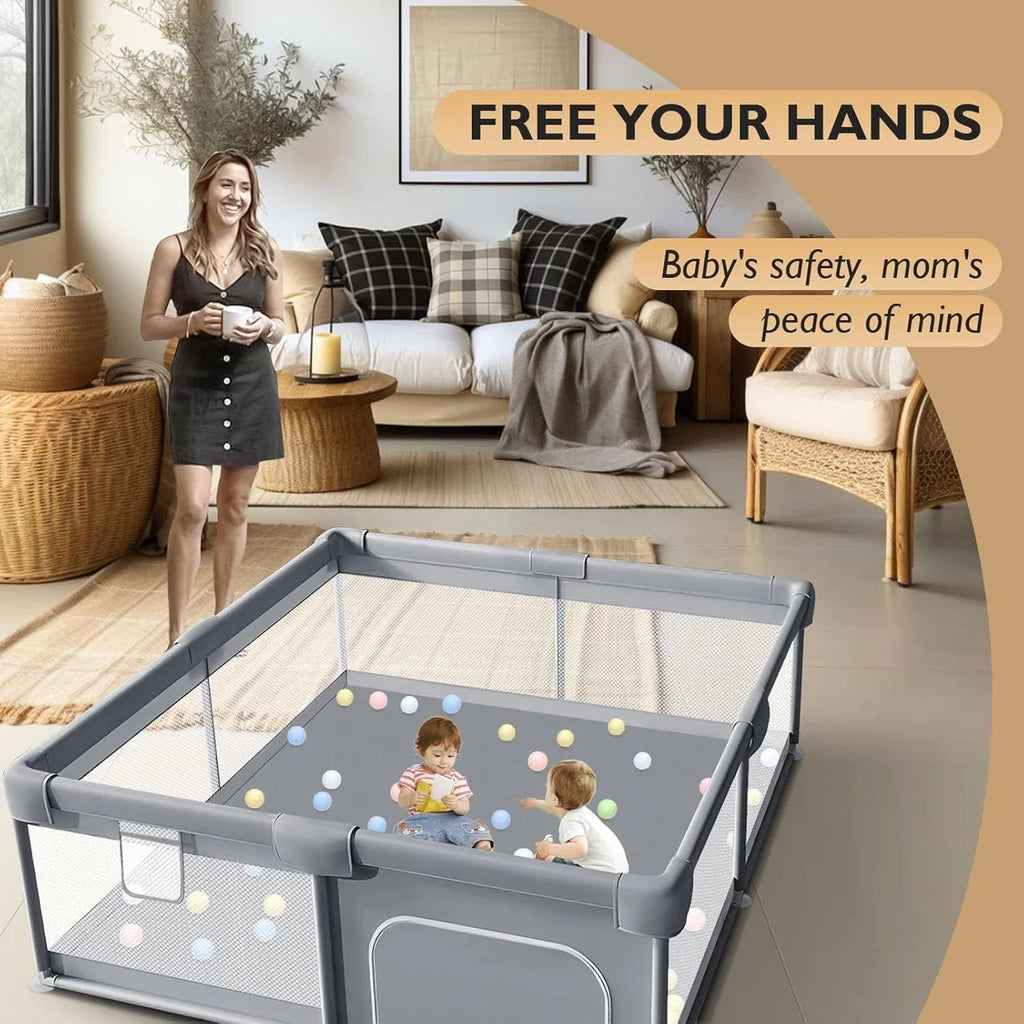 Baby Playpen 150x180cm Pit Balls Playpen for Baby up to 5 Years with Anti-Fall Rings, Safety Lock, Breathable Mesh, Kids Activity Center Play Pen