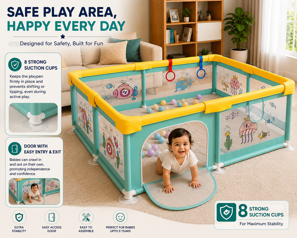 Baby Playpen 150x180cm Pit Balls Playpen for Baby up to 5 Years with Anti-Fall Rings, Safety Lock, Breathable Mesh, Kids Activity Center Play Pen