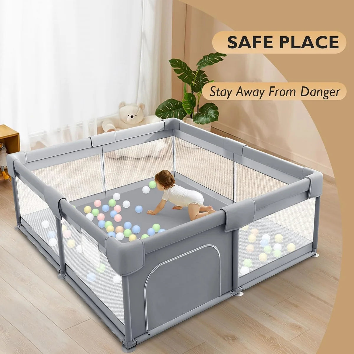 Baby Playpen 150x180cm Pit Balls Playpen for Baby up to 5 Years with Anti-Fall Rings, Safety Lock, Breathable Mesh, Kids Activity Center Play Pen