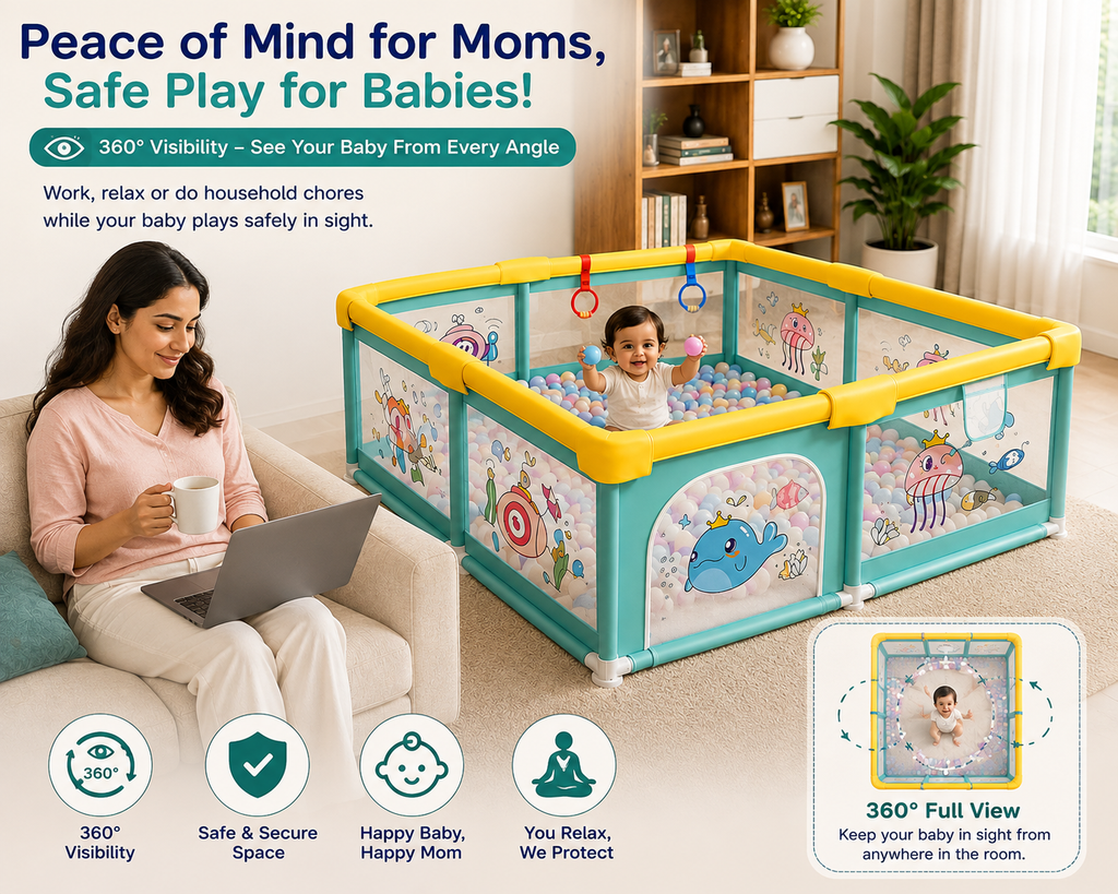 Baby Playpen 150x180cm Pit Balls Playpen for Baby up to 5 Years with Anti-Fall Rings, Safety Lock, Breathable Mesh, Kids Activity Center Play Pen