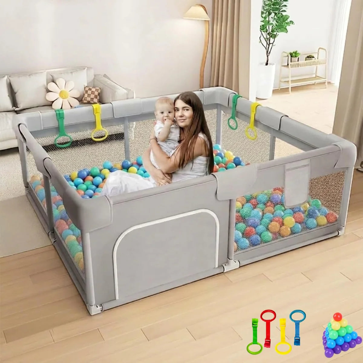 Baby Playpen 150x180cm Pit Balls Playpen for Baby up to 5 Years with Anti-Fall Rings, Safety Lock, Breathable Mesh, Kids Activity Center Play Pen