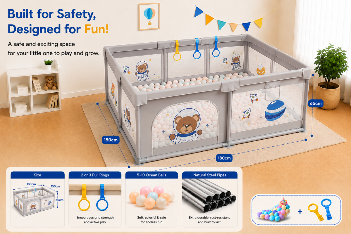 Baby Playpen 150x180cm Pit Balls Playpen for Baby up to 5 Years with Anti-Fall Rings, Safety Lock, Breathable Mesh, Kids Activity Center Play Pen