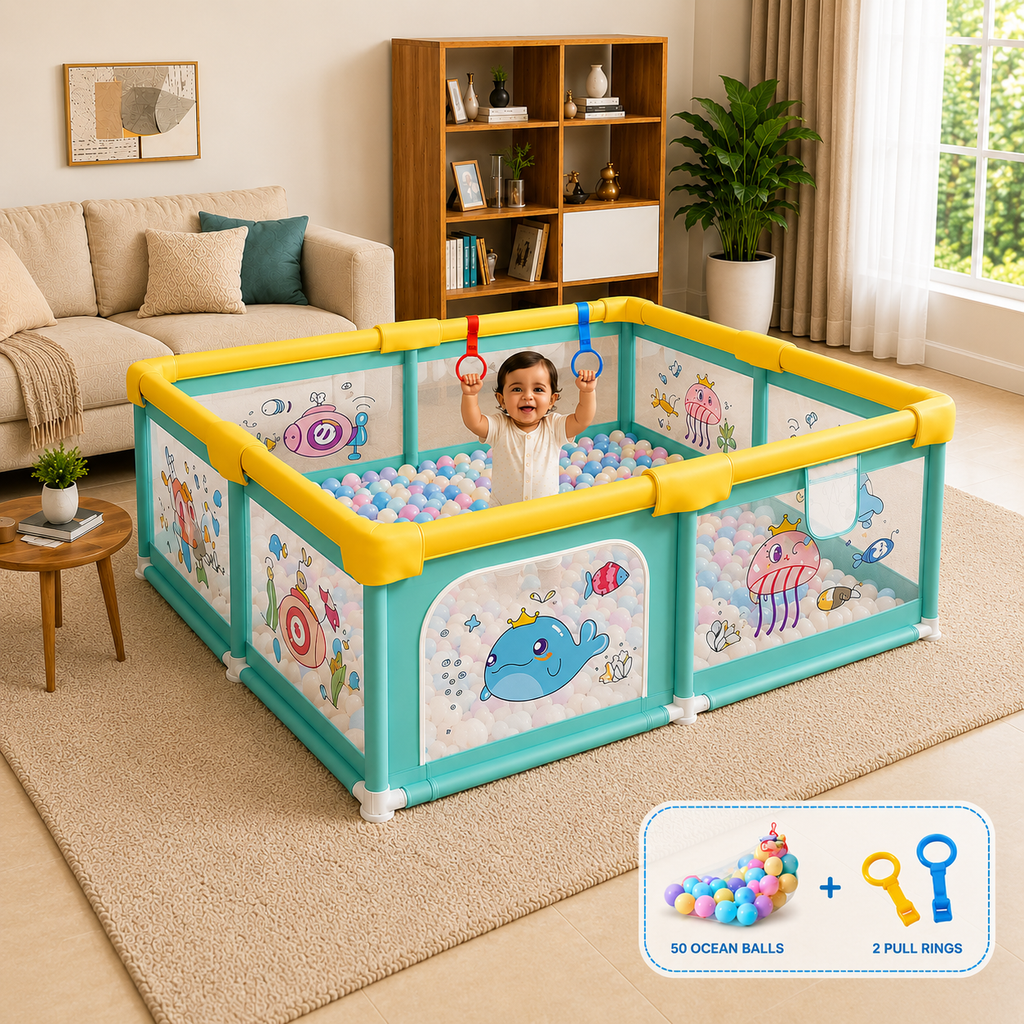 Baby Playpen 150x180cm Pit Balls Playpen for Baby up to 5 Years with Anti-Fall Rings, Safety Lock, Breathable Mesh, Kids Activity Center Play Pen