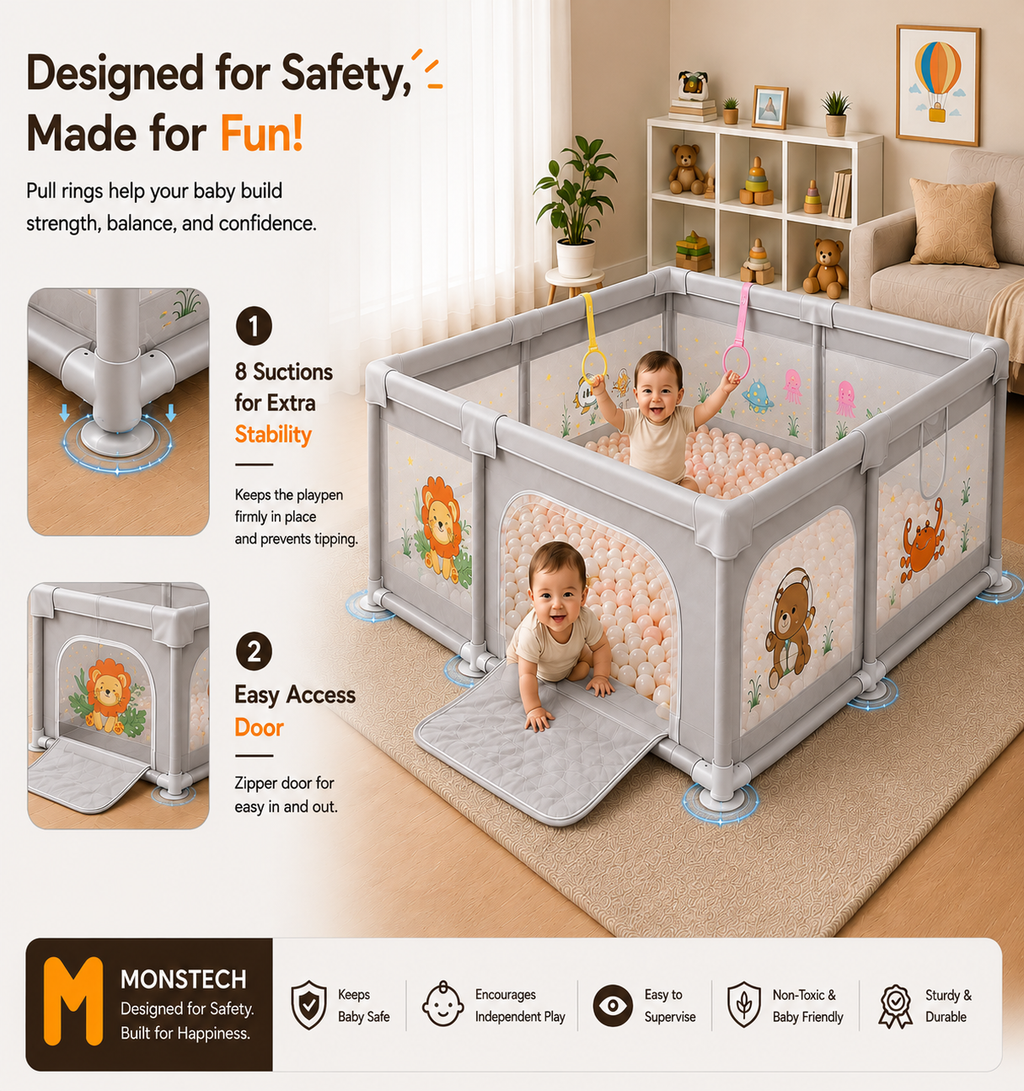 Baby Playpen 150x180cm Pit Balls Playpen for Baby up to 5 Years with Anti-Fall Rings, Safety Lock, Breathable Mesh, Kids Activity Center Play Pen
