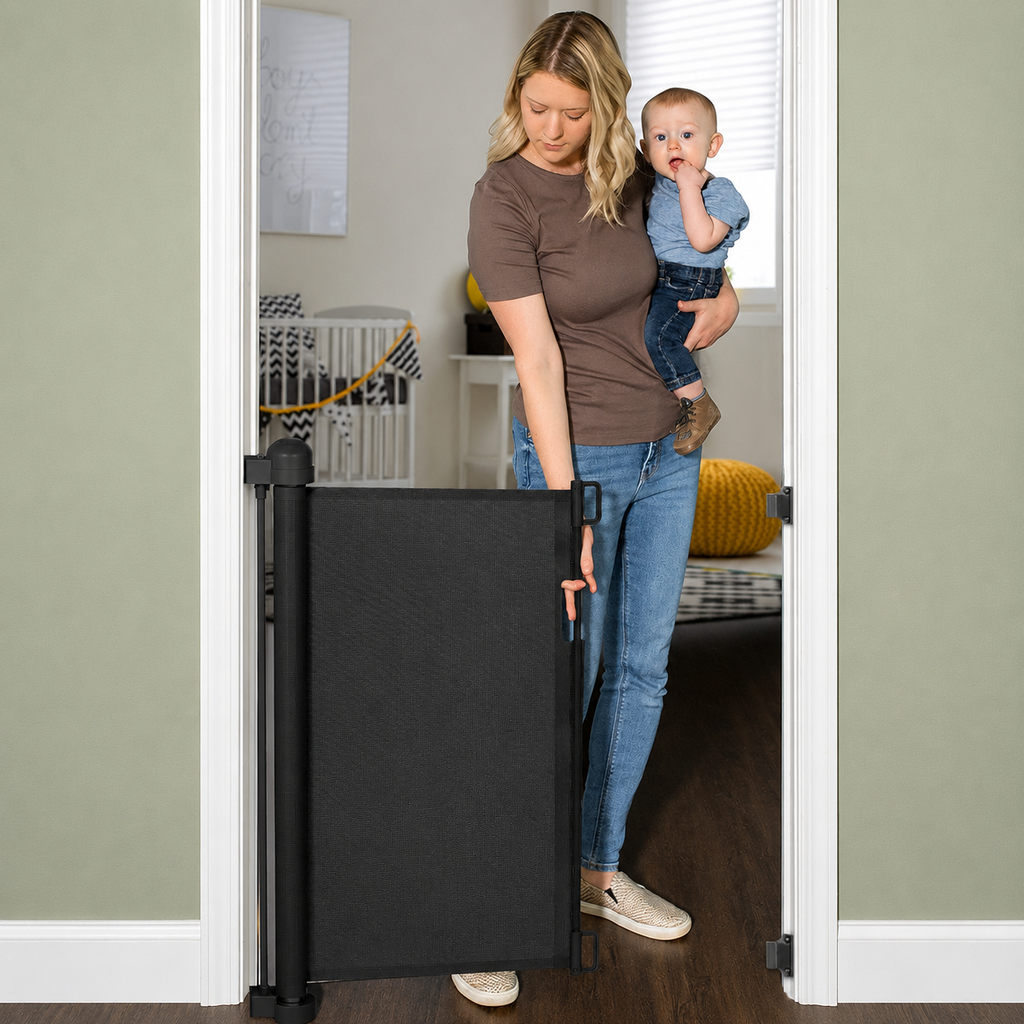 Baby Safety gate, Dog gate Barrier for Home Extends to 140cm Wide 86.5cm Tall, Staircase gate Baby Safety, Baby gate for Staircase, Barricade for Kids Safety - Black Colour