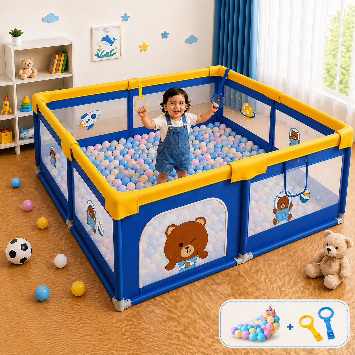 Baby Playpen 150x180cm Pit Balls Playpen for Baby up to 5 Years with Anti-Fall Rings, Safety Lock, Breathable Mesh, Kids Activity Center Play Pen