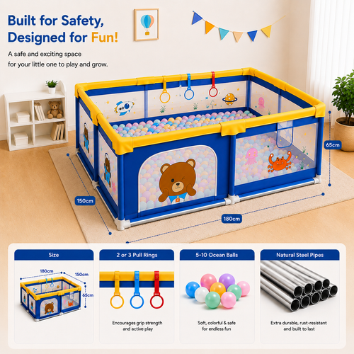 Baby Playpen 150x180cm Pit Balls Playpen for Baby up to 5 Years with Anti-Fall Rings, Safety Lock, Breathable Mesh, Kids Activity Center Play Pen
