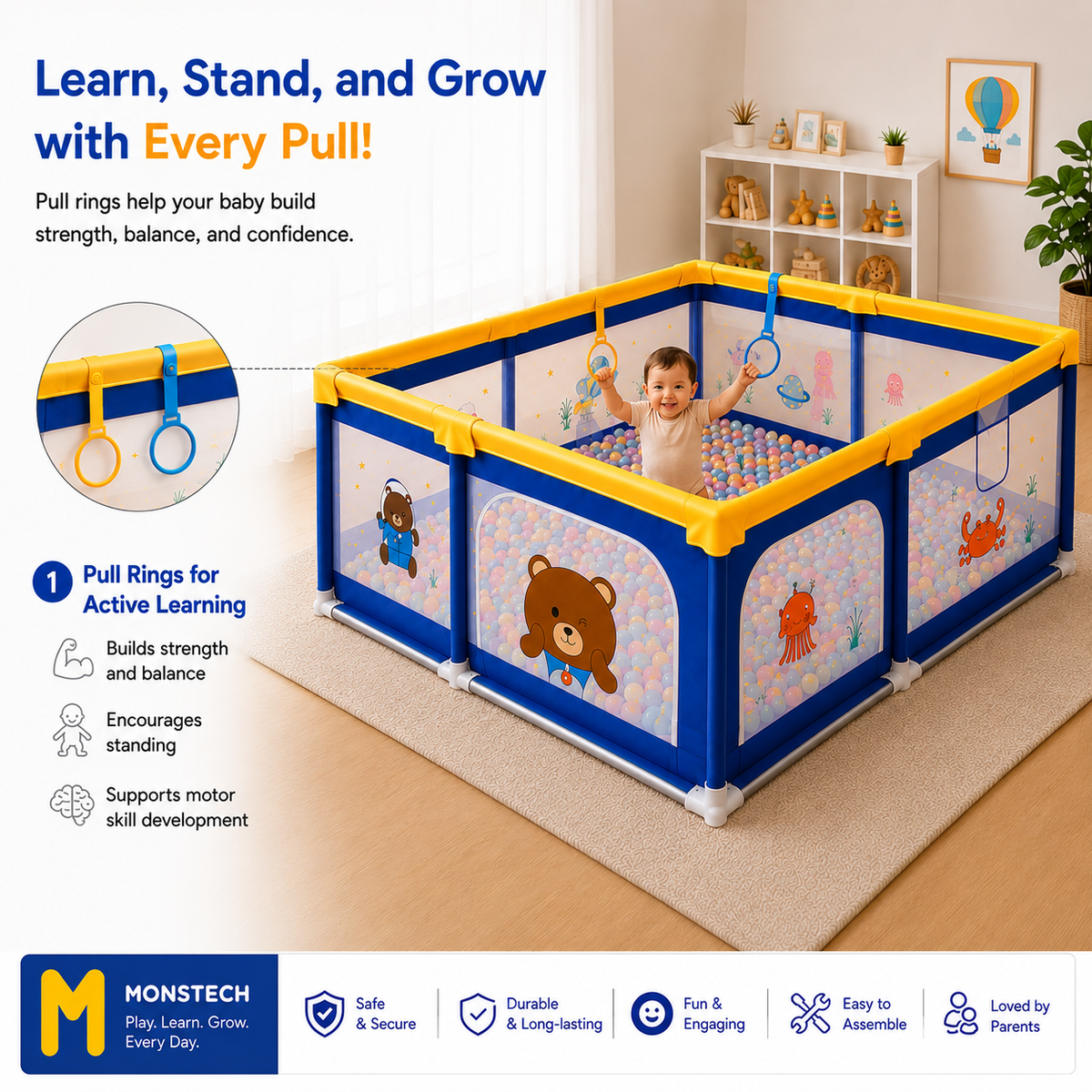 Baby Playpen 150x180cm Pit Balls Playpen for Baby up to 5 Years with Anti-Fall Rings, Safety Lock, Breathable Mesh, Kids Activity Center Play Pen