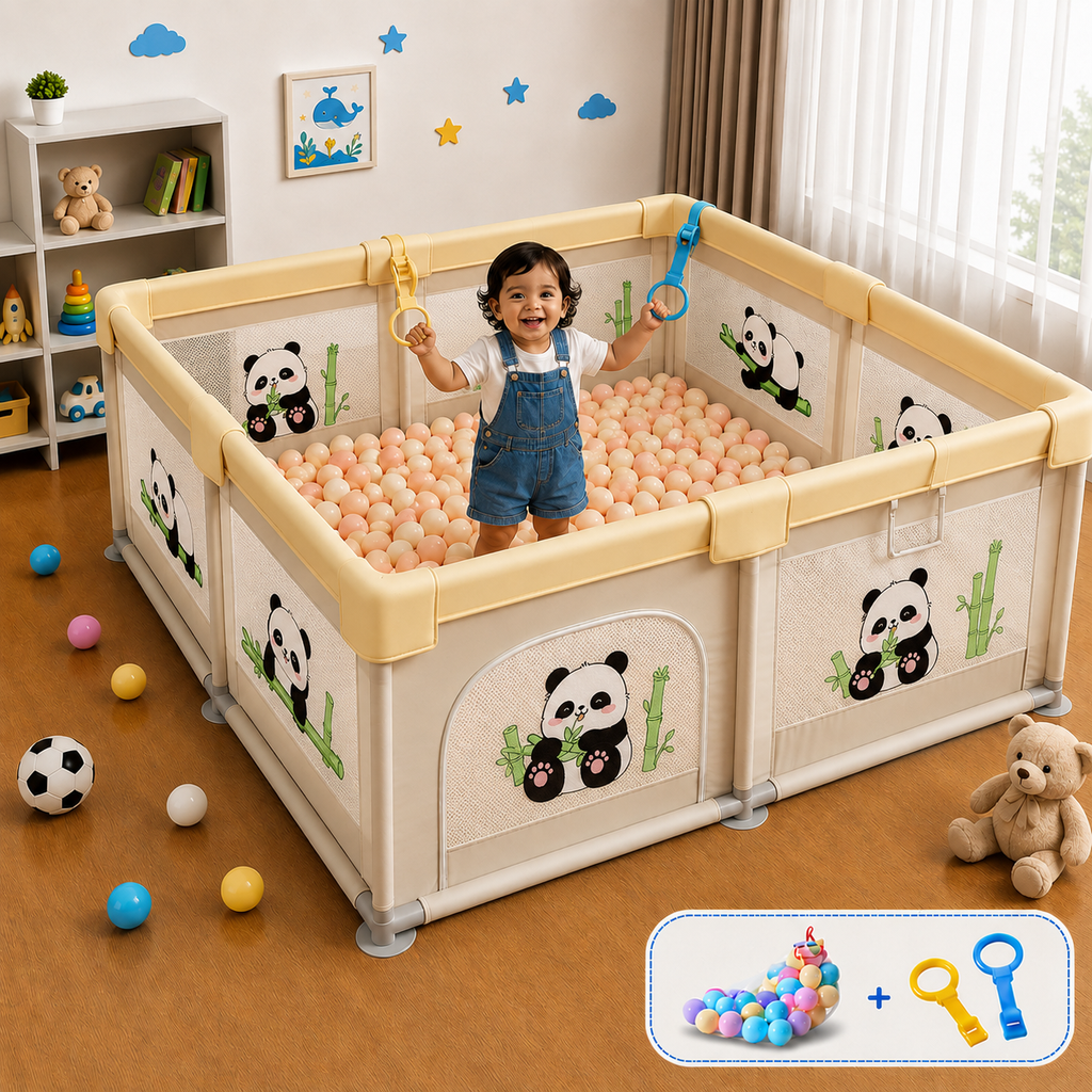Baby Playpen 150x180cm Pit Balls Playpen for Baby up to 5 Years with Anti-Fall Rings, Safety Lock, Breathable Mesh, Kids Activity Center Play Pen