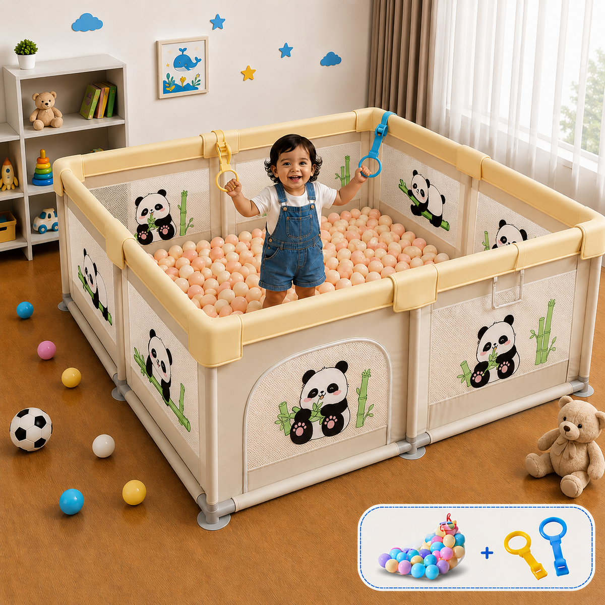 Baby Playpen 150x180cm Pit Balls Playpen for Baby up to 5 Years with Anti-Fall Rings, Safety Lock, Breathable Mesh, Kids Activity Center Play Pen