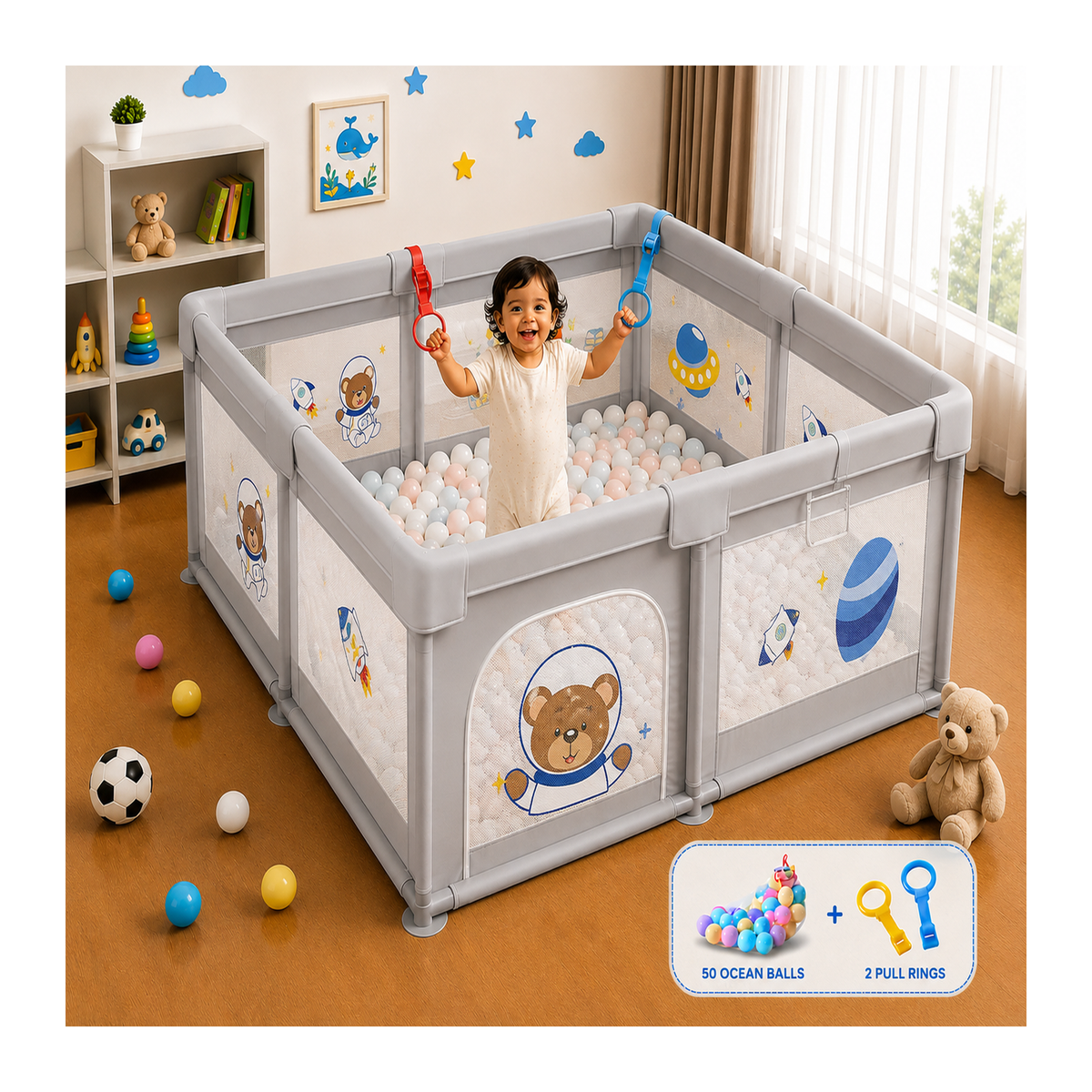 Baby Playpen 150x180cm Pit Balls Playpen for Baby up to 5 Years with Anti-Fall Rings, Safety Lock, Breathable Mesh, Kids Activity Center Play Pen